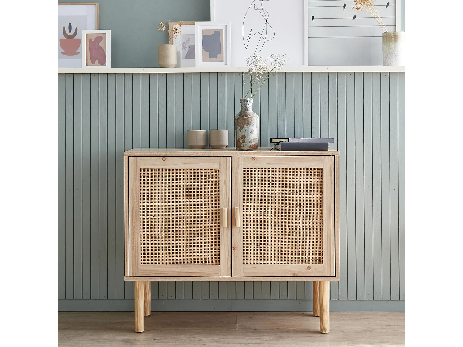 Aparador efecto caña y madera con 2 puertas, 80cm natural