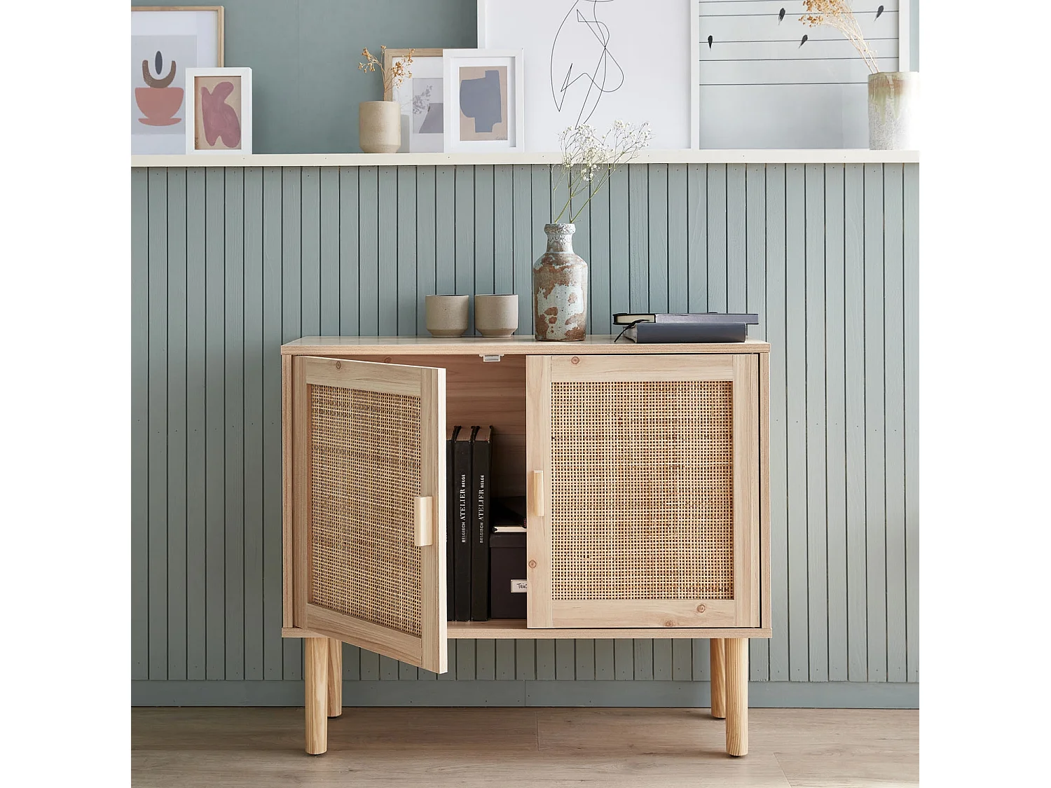 Aparador efecto caña y madera con 2 puertas, 80cm natural