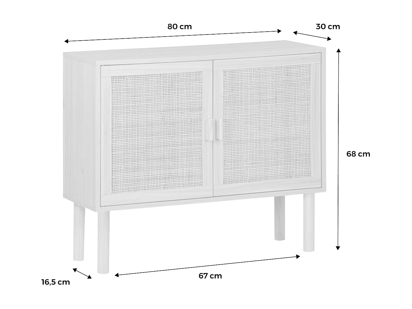 Buffet en décor bois et cannage - Camargue - 2 portes. buffet bas. 80x30x68cm