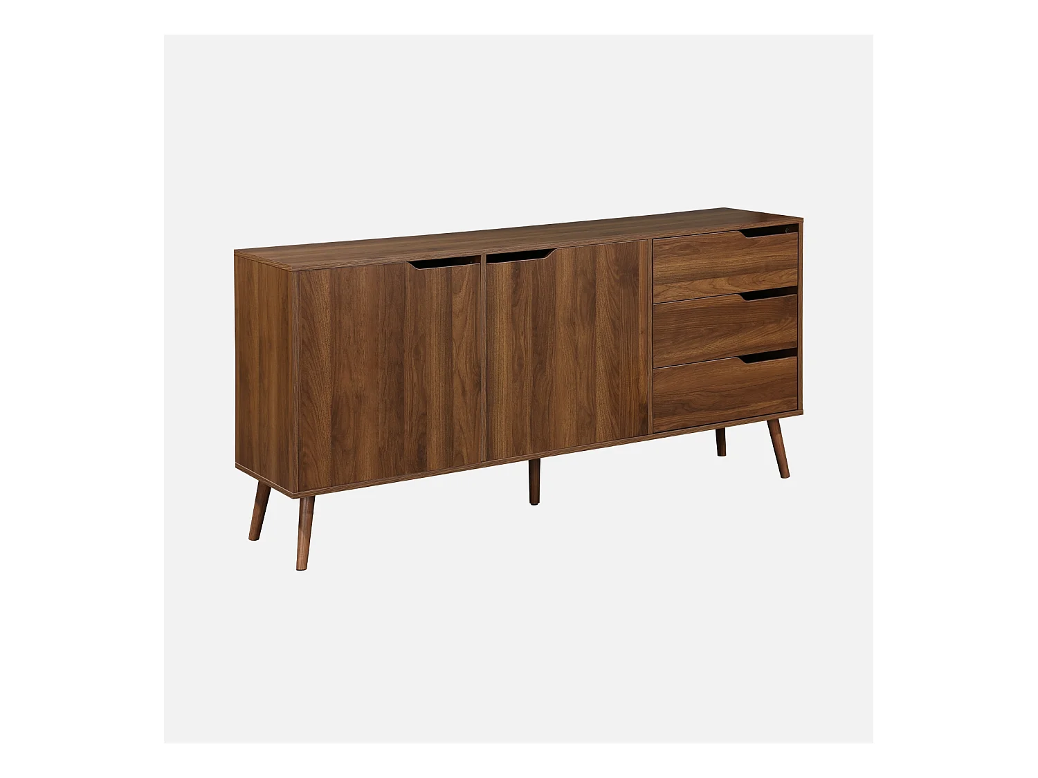 Buffet de rangement scandinave. buffet haut. vaisselier. 2 portes. 3 tiroirs. décor bois de noyer. 160cm