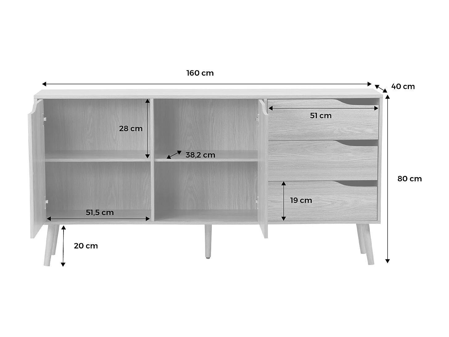 Buffet de rangement scandinave. buffet haut. vaisselier. 2 portes. 3 tiroirs. décor bois de noyer. 160cm