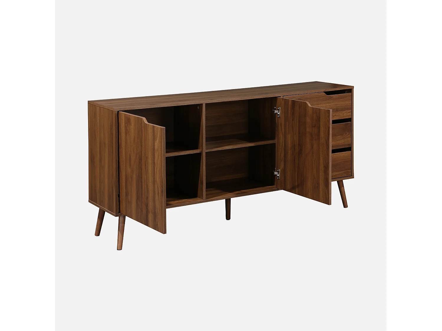 Buffet de rangement scandinave. buffet haut. vaisselier. 2 portes. 3 tiroirs. décor bois de noyer. 160cm