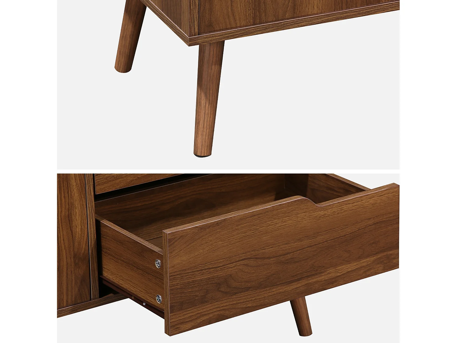 Buffet de rangement scandinave. buffet haut. vaisselier. 2 portes. 3 tiroirs. décor bois de noyer. 160cm