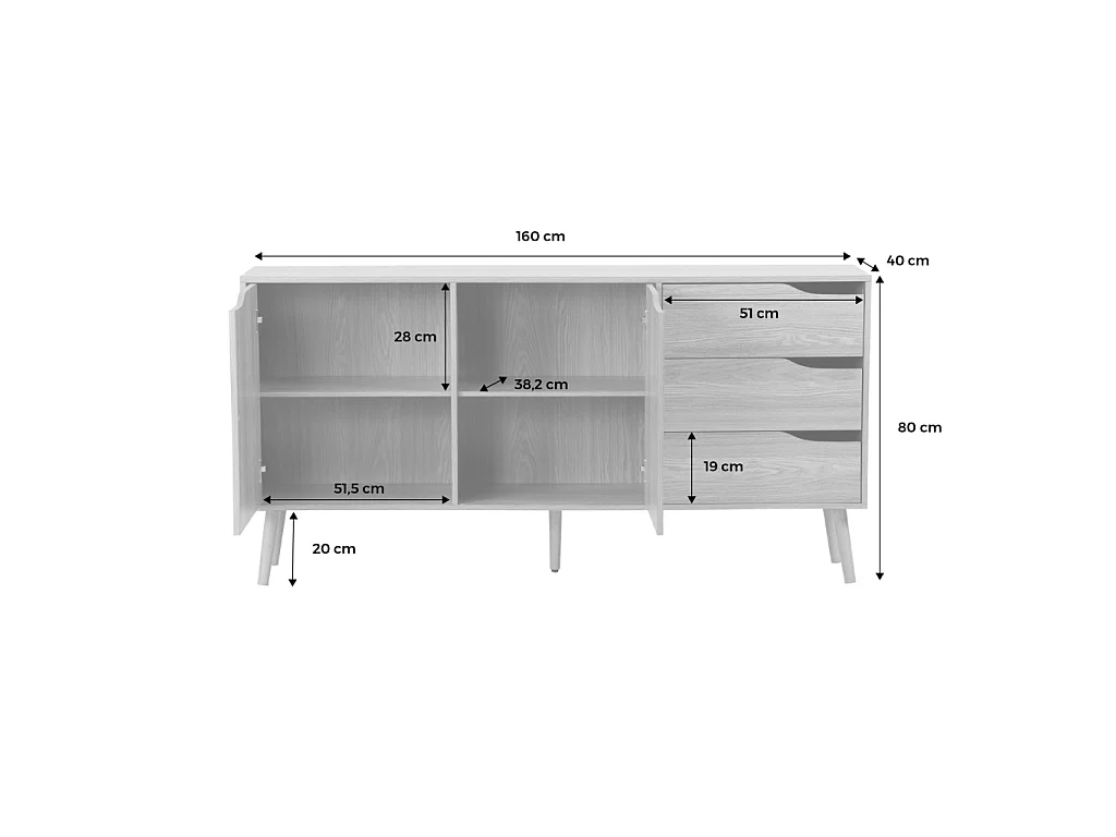 Buffet de rangement scandinave. buffet haut. vaisselier. 2 portes. 3 tiroirs. décor bois de noyer. 160cm