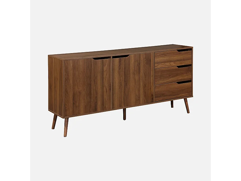 Buffet de rangement scandinave. buffet haut. vaisselier. 2 portes. 3 tiroirs. décor bois de noyer. 160cm
