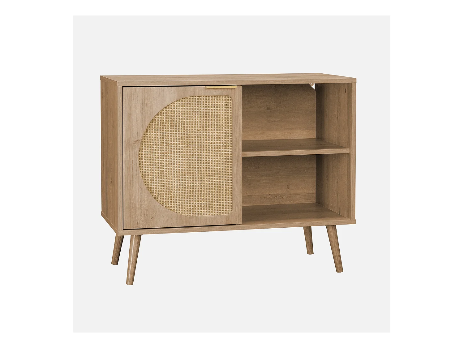 Buffet de rangement décor bois cannage arrondis. Eva. 1 portes réversible. deux niveaux. buffet bas.  L80 x l39 x H65.8cm