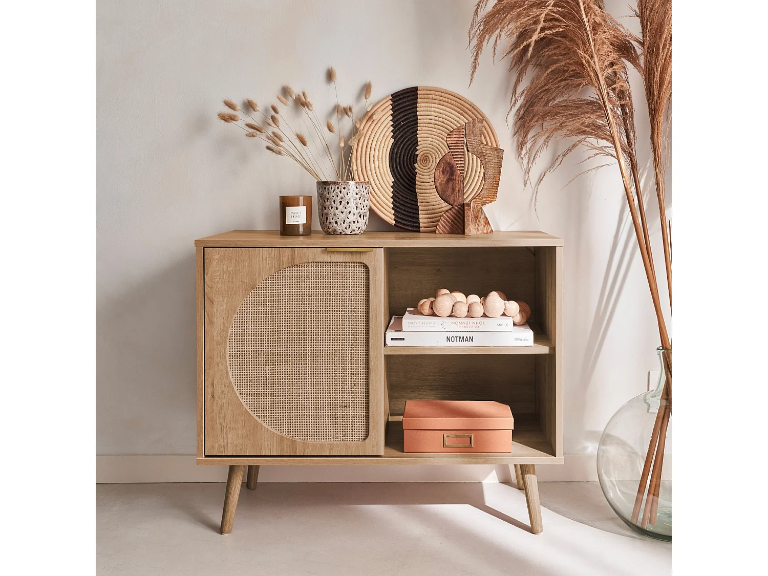 Aparador estilo escandinavo con madera redondeada, 80cm natural