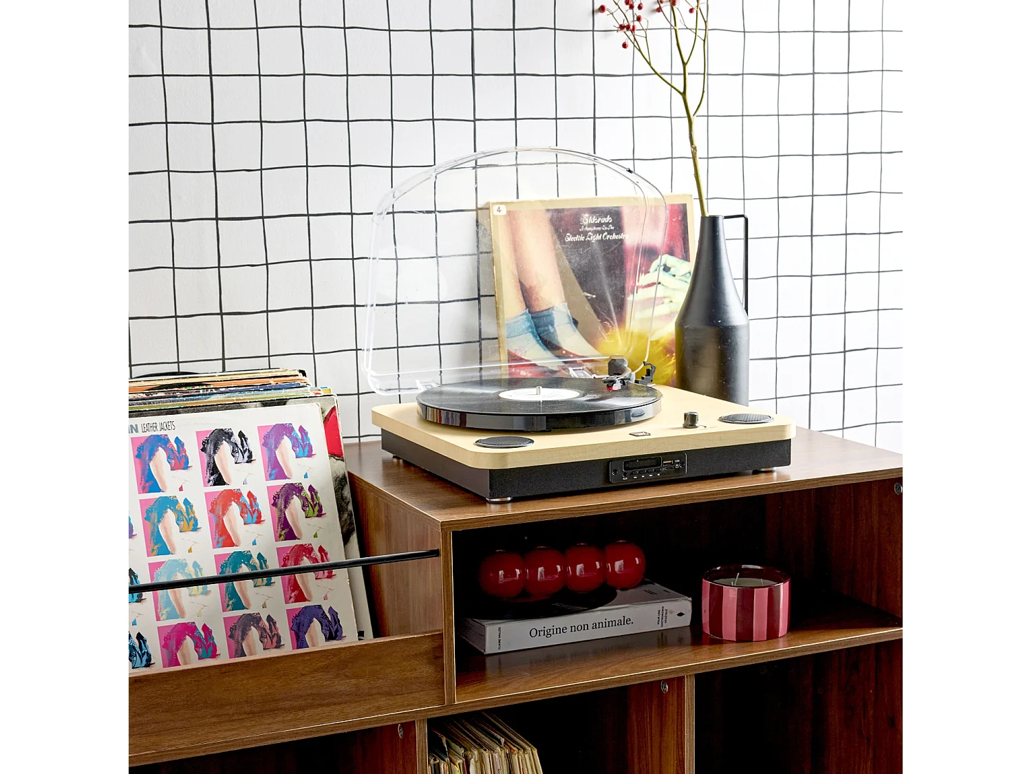 Muebles de vinilo vintage con decoración de madera oscura, 100cm