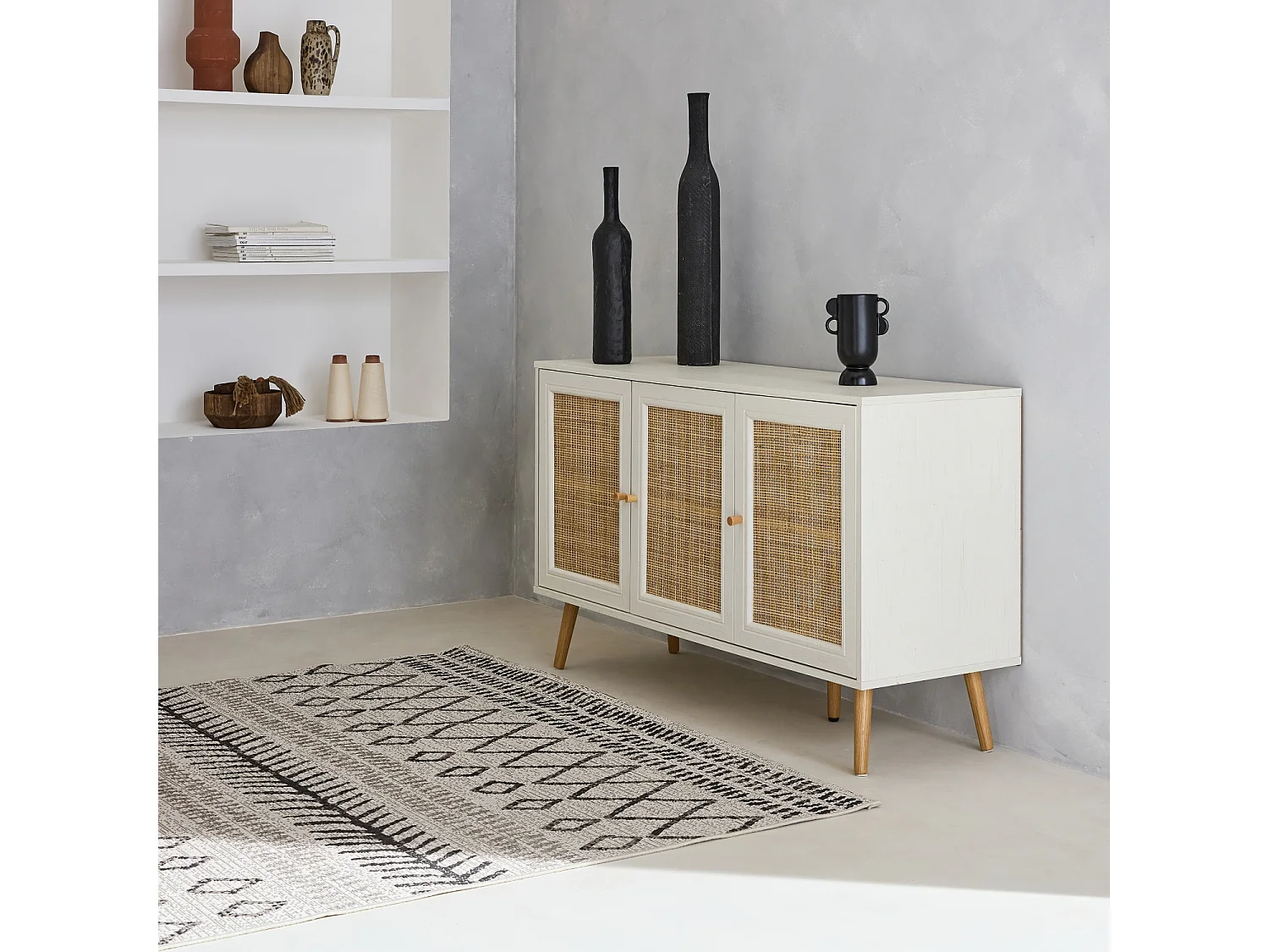 Aparador de caña con 3 puertas, 120cm blanco roto