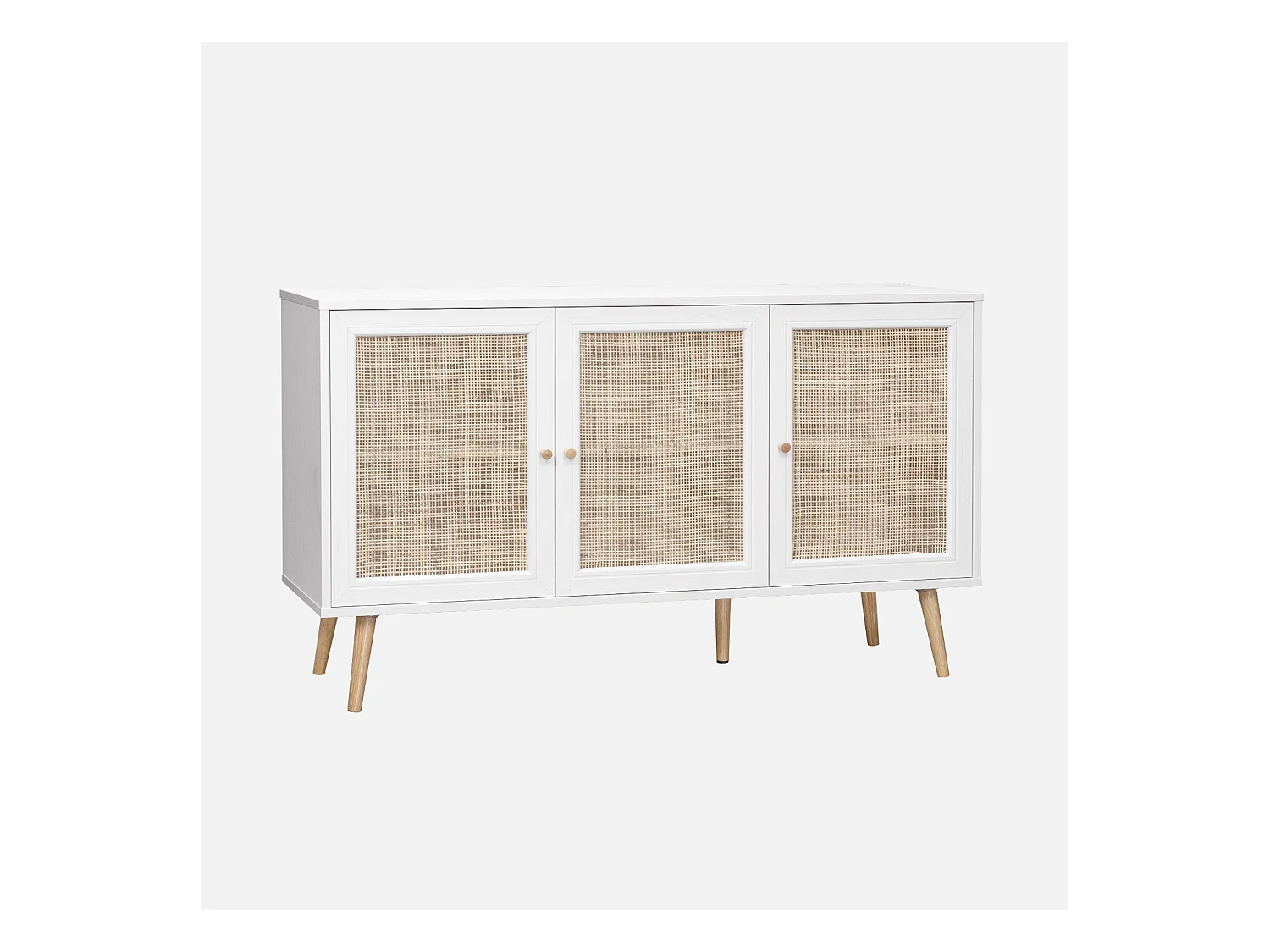 Buffet de rangement en cannage. blanc cassé 120x39x70cm  - Bohème - 2 niveaux. 3 portes. pieds scandinaves. buffet bas