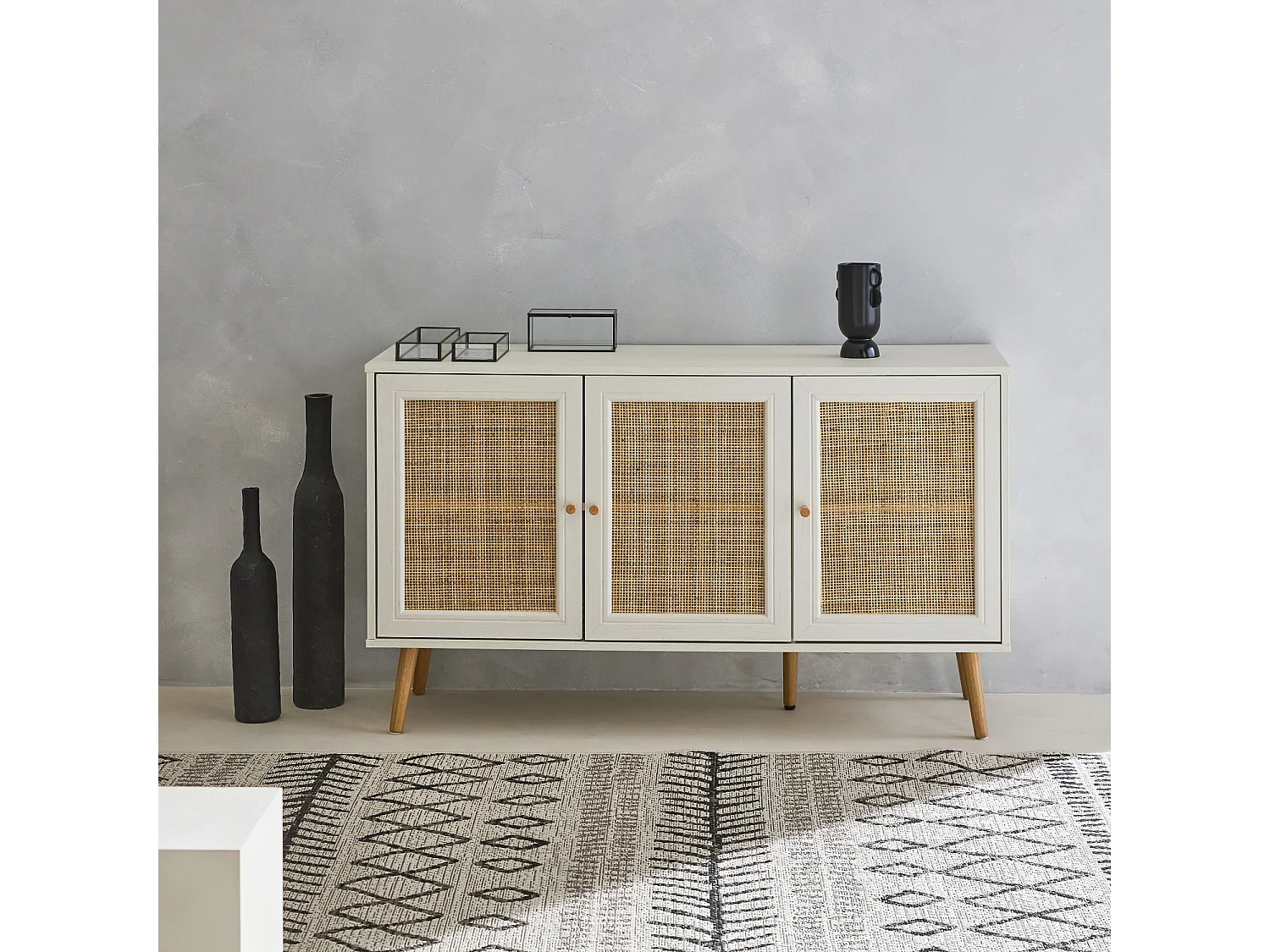 Credenza 3 ante in cannage, 120 cm, bianco sporco