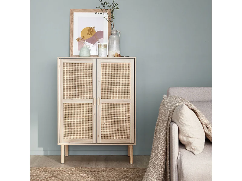 Aparador de efecto caña y madera con 2 puertas, 80cm natural