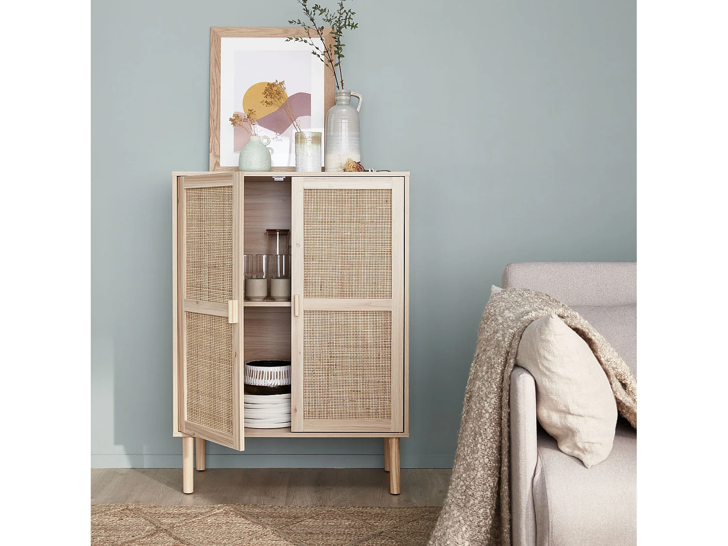 Aparador de efecto caña y madera con 2 puertas, 80cm natural