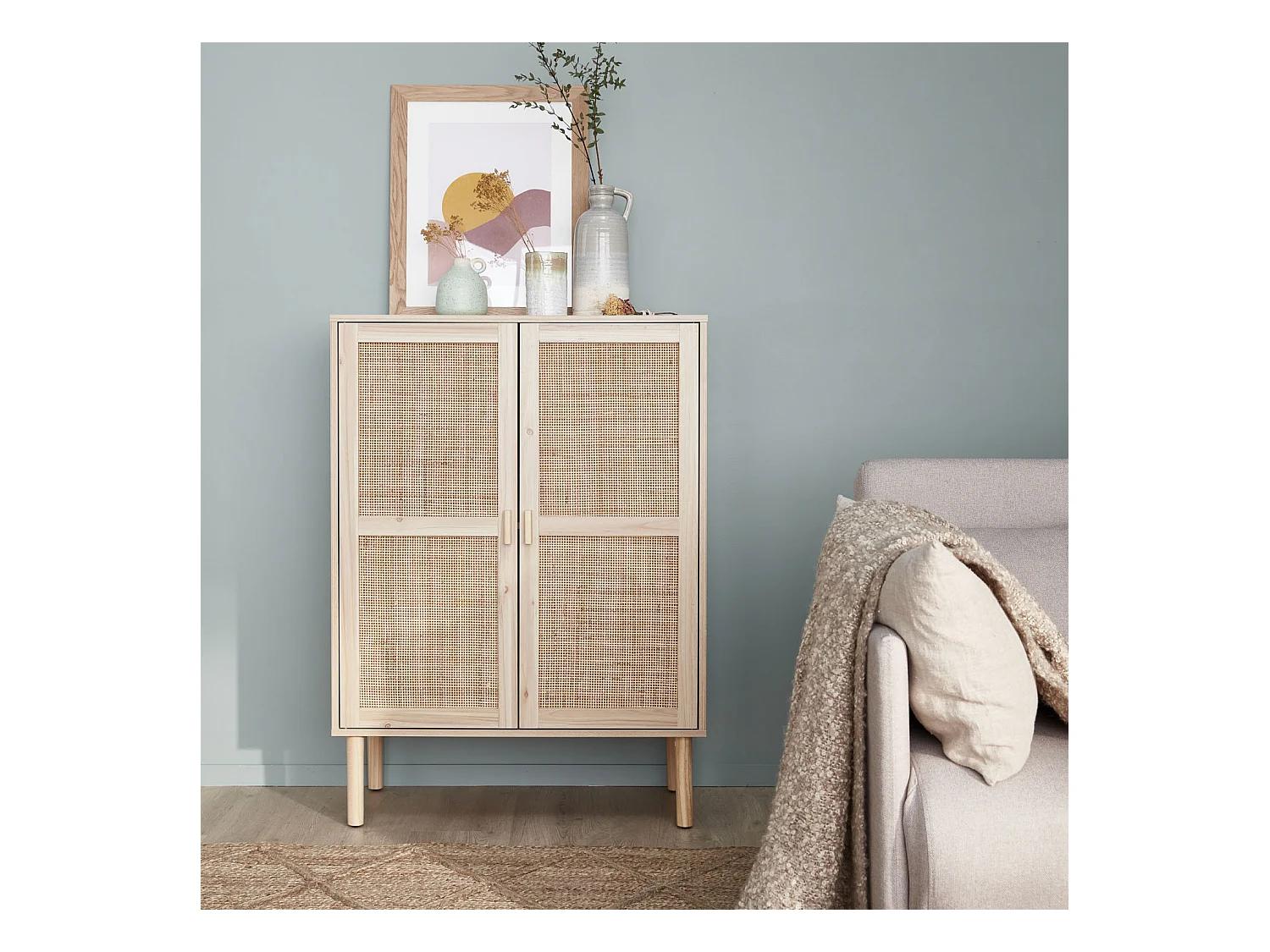 Buffet en cannage - Camargue - décor bois et cannage. 2 portes. buffet haut. vaisselier. L 80 x l 40 x H110cm