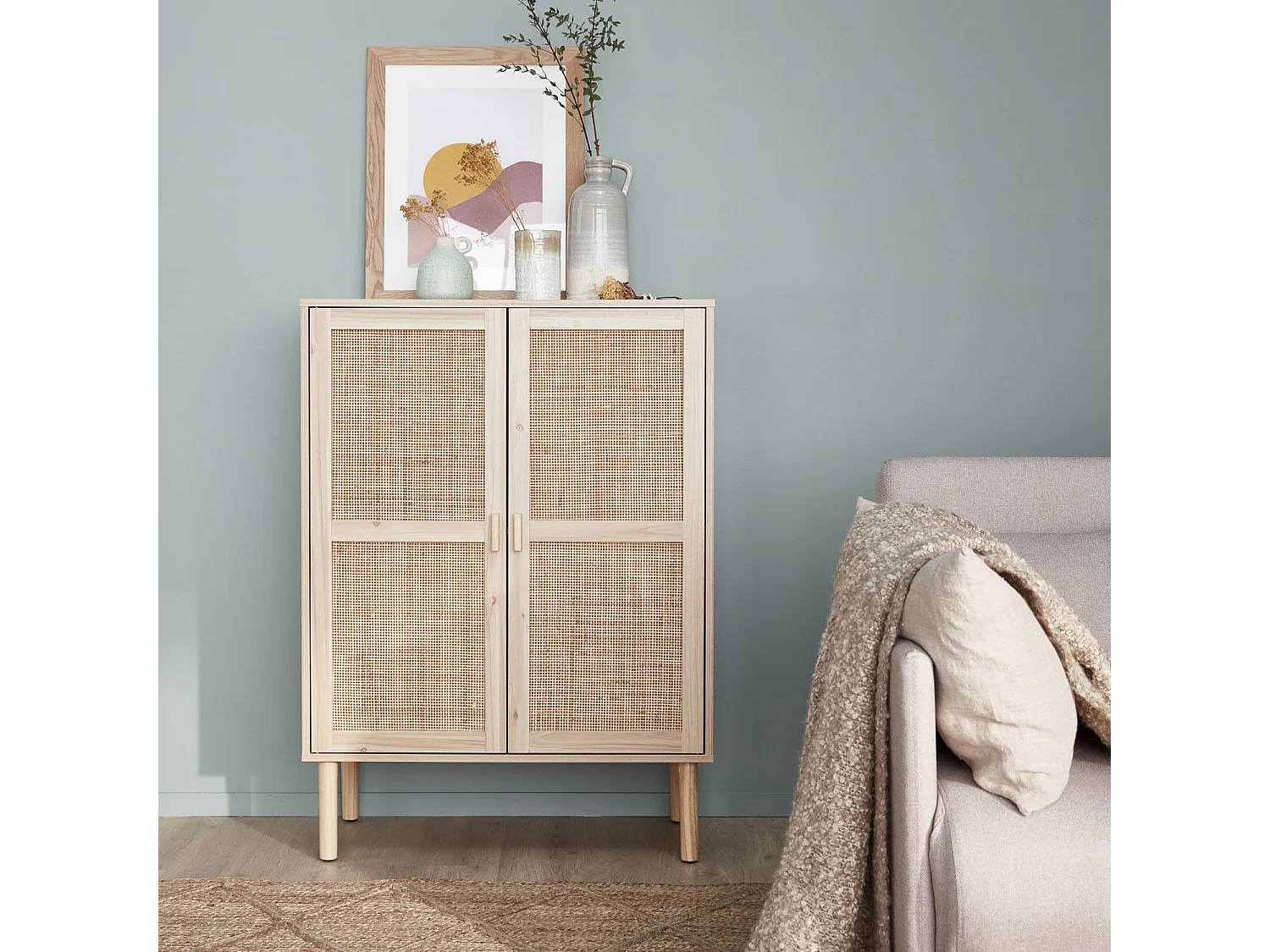 Aparador de efecto caña y madera con 2 puertas, 80cm natural