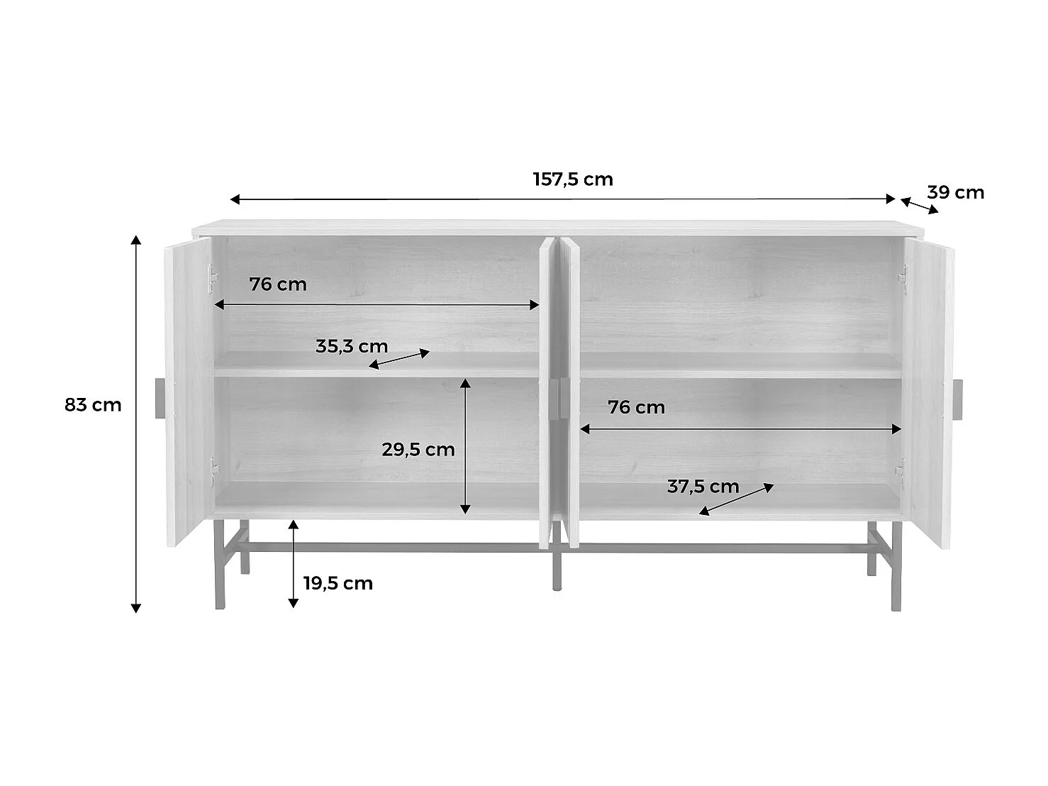 Credenza a 4 ante scanalata effetto legno, 157.5cm, nero