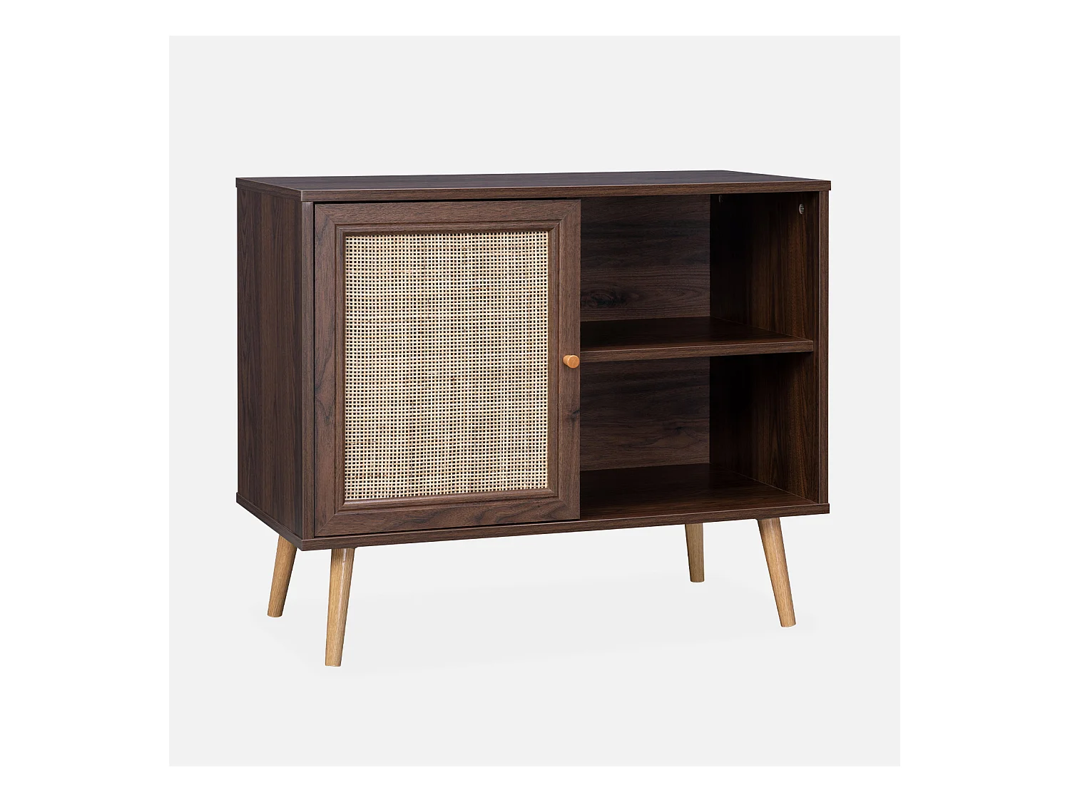Meuble de rangement en cannage 80x39x65.8cm  Bohème - couleur bois foncé -  2 niveaux - 1 porte -  pieds scandinaves. buffet bas
