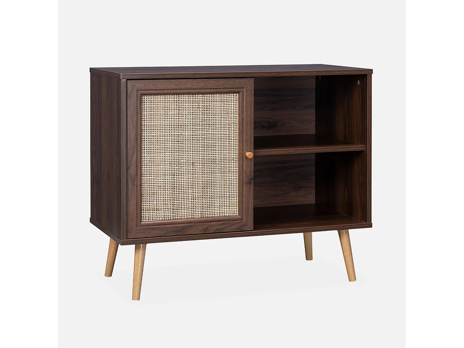 Meuble de rangement en cannage 80x39x65.8cm  Bohème - couleur bois foncé -  2 niveaux - 1 porte -  pieds scandinaves. buffet bas