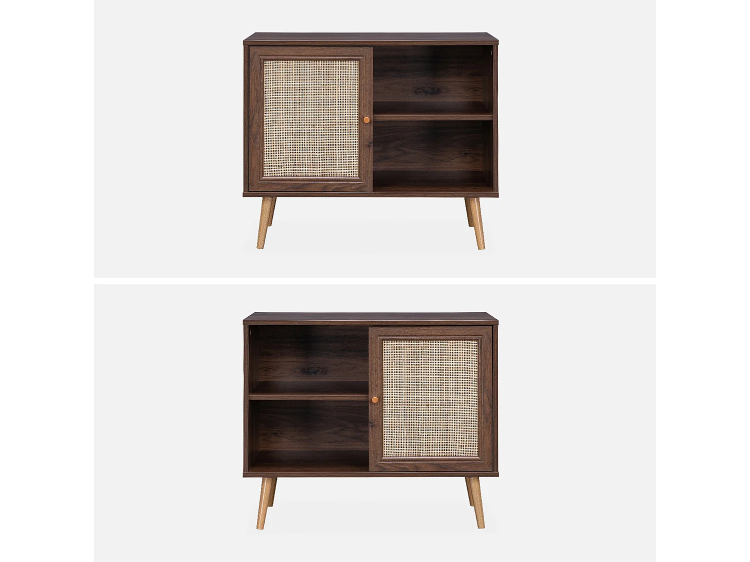 Meuble de rangement en cannage 80x39x65.8cm  Bohème - couleur bois foncé -  2 niveaux - 1 porte -  pieds scandinaves. buffet bas