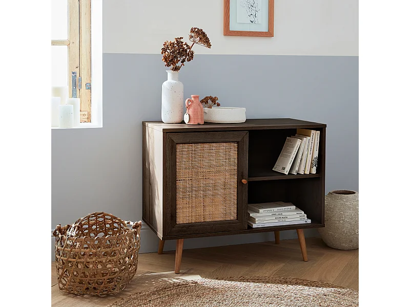 Aparador estilo escandinavo con 1 puerta de caña, 80cm madera oscura
