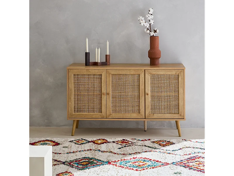 Buffet de rangement en cannage 120x39x70cm  - Bohème - 2 niveaux. 3 portes. pieds scandinaves. buffet bas