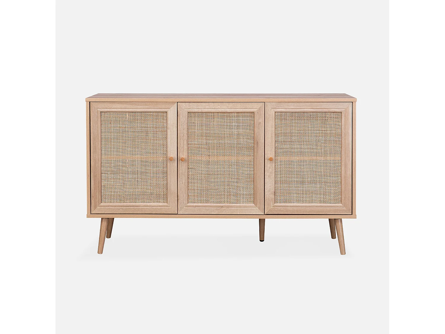 Buffet de rangement en cannage 120x39x70cm  - Bohème - 2 niveaux. 3 portes. pieds scandinaves. buffet bas