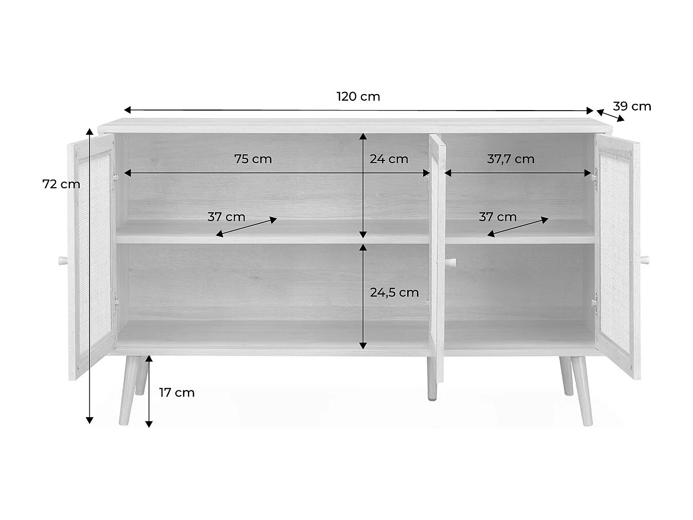 Buffet de rangement en cannage 120x39x70cm  - Bohème - 2 niveaux. 3 portes. pieds scandinaves. buffet bas