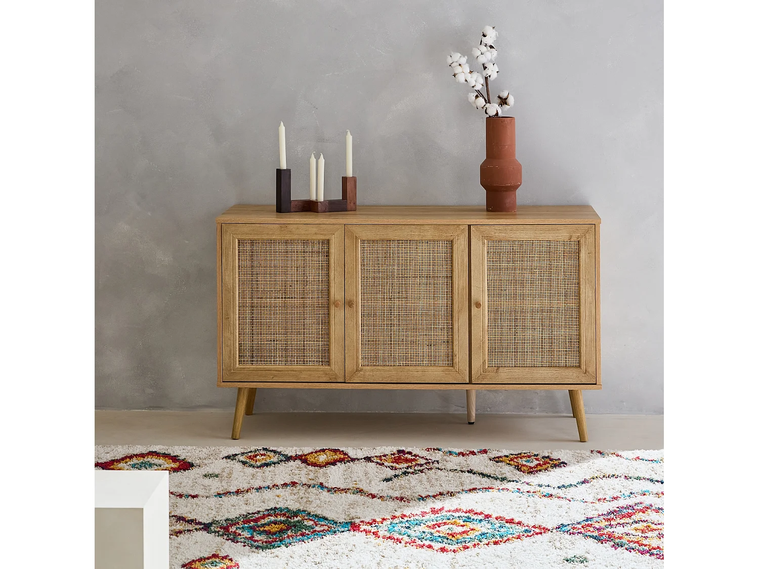 Credenza 3 ante in cannage, 120 cm, marrone naturale
