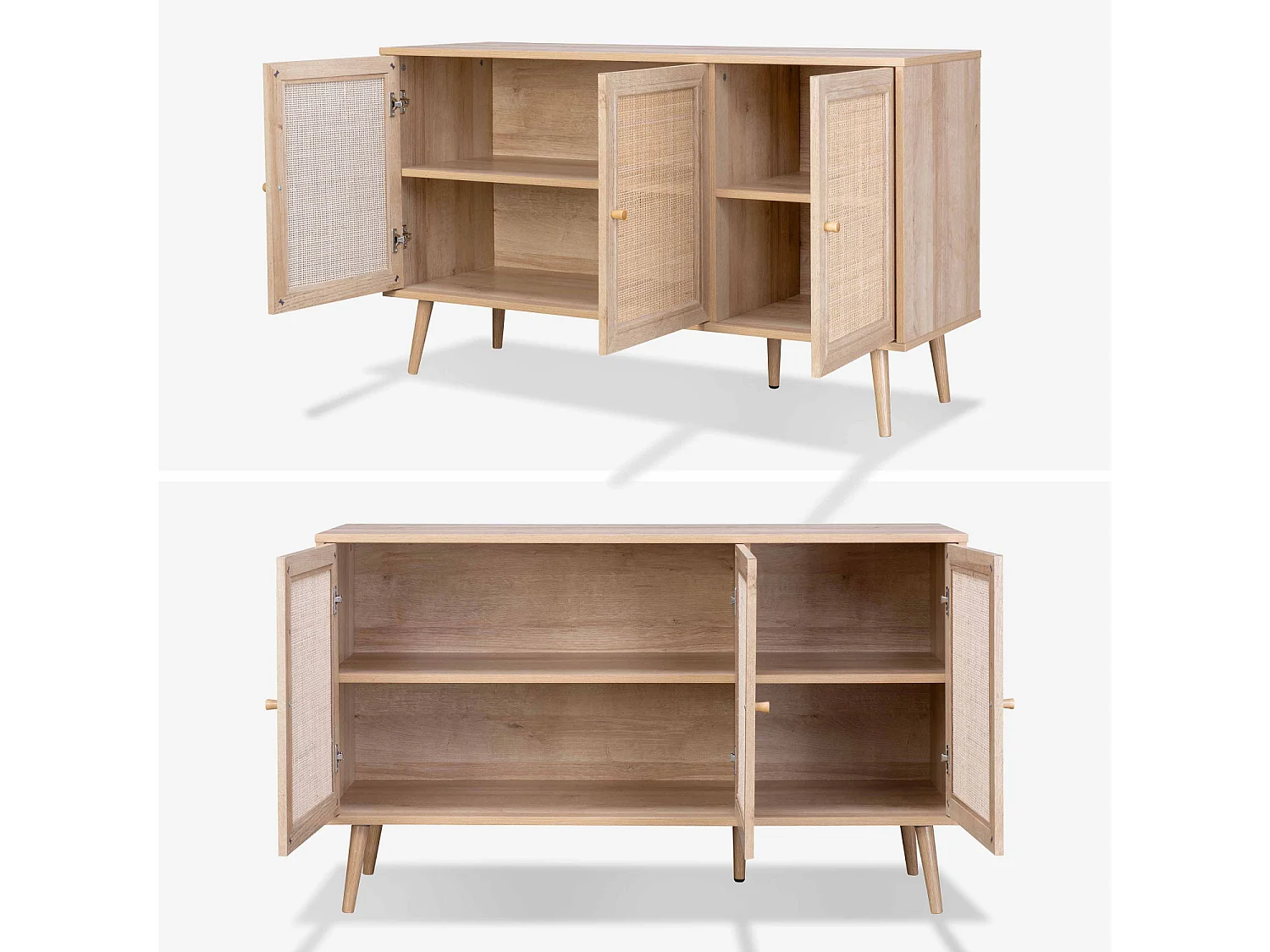 Credenza 3 ante in cannage, 120 cm, marrone naturale