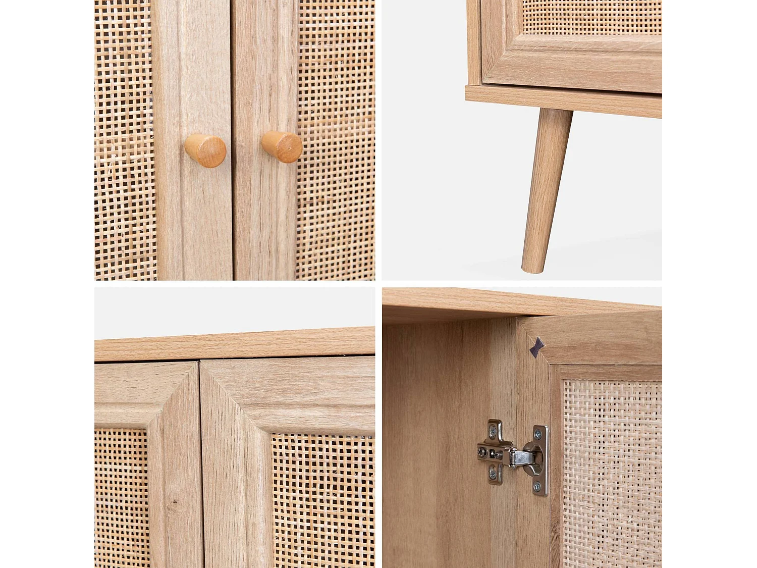 Buffet de rangement en cannage 120x39x70cm  - Bohème - 2 niveaux. 3 portes. pieds scandinaves. buffet bas