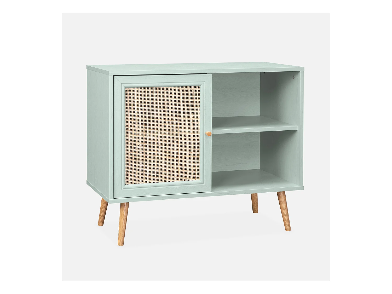 Meuble de rangement en cannage 80x39x65.8cm  Bohème - Vert céladon-  2 niveaux - 1 porte -  pieds scandinaves. buffet bas