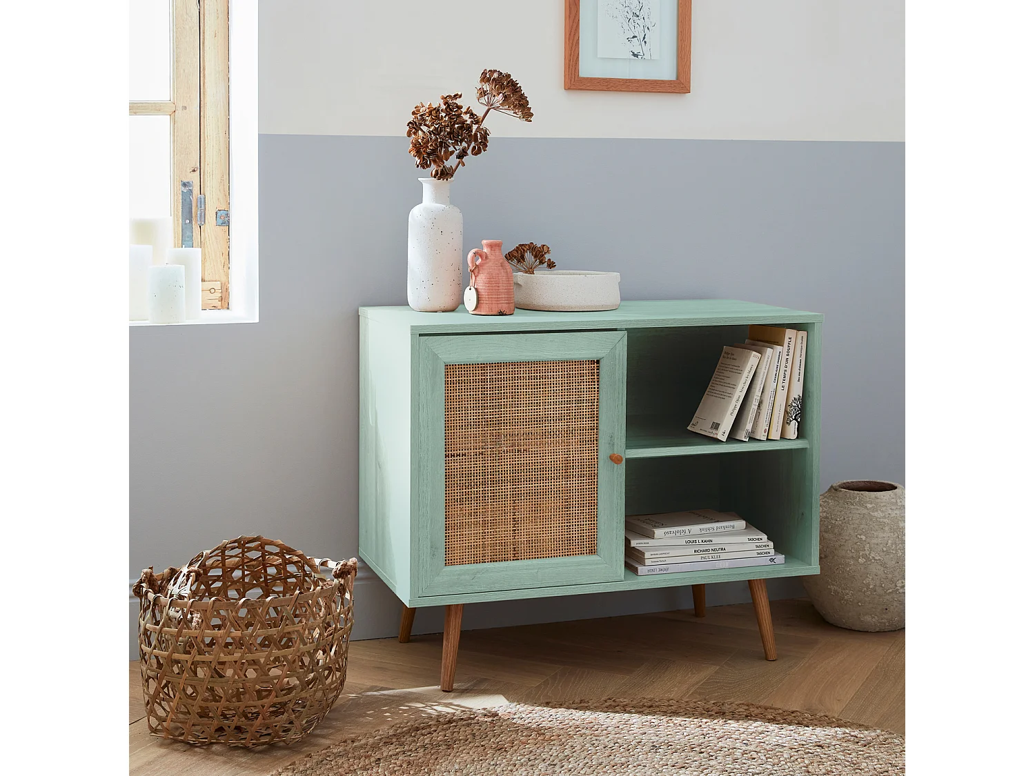 Credenza in cannage, 1 anta, 80cm, verde celadon