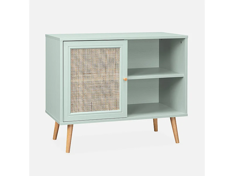 Meuble de rangement en cannage 80x39x65.8cm  Bohème - Vert céladon-  2 niveaux - 1 porte -  pieds scandinaves. buffet bas