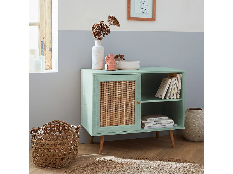 Meuble de rangement en cannage 80x39x65.8cm  Bohème - Vert céladon-  2 niveaux - 1 porte -  pieds scandinaves. buffet bas