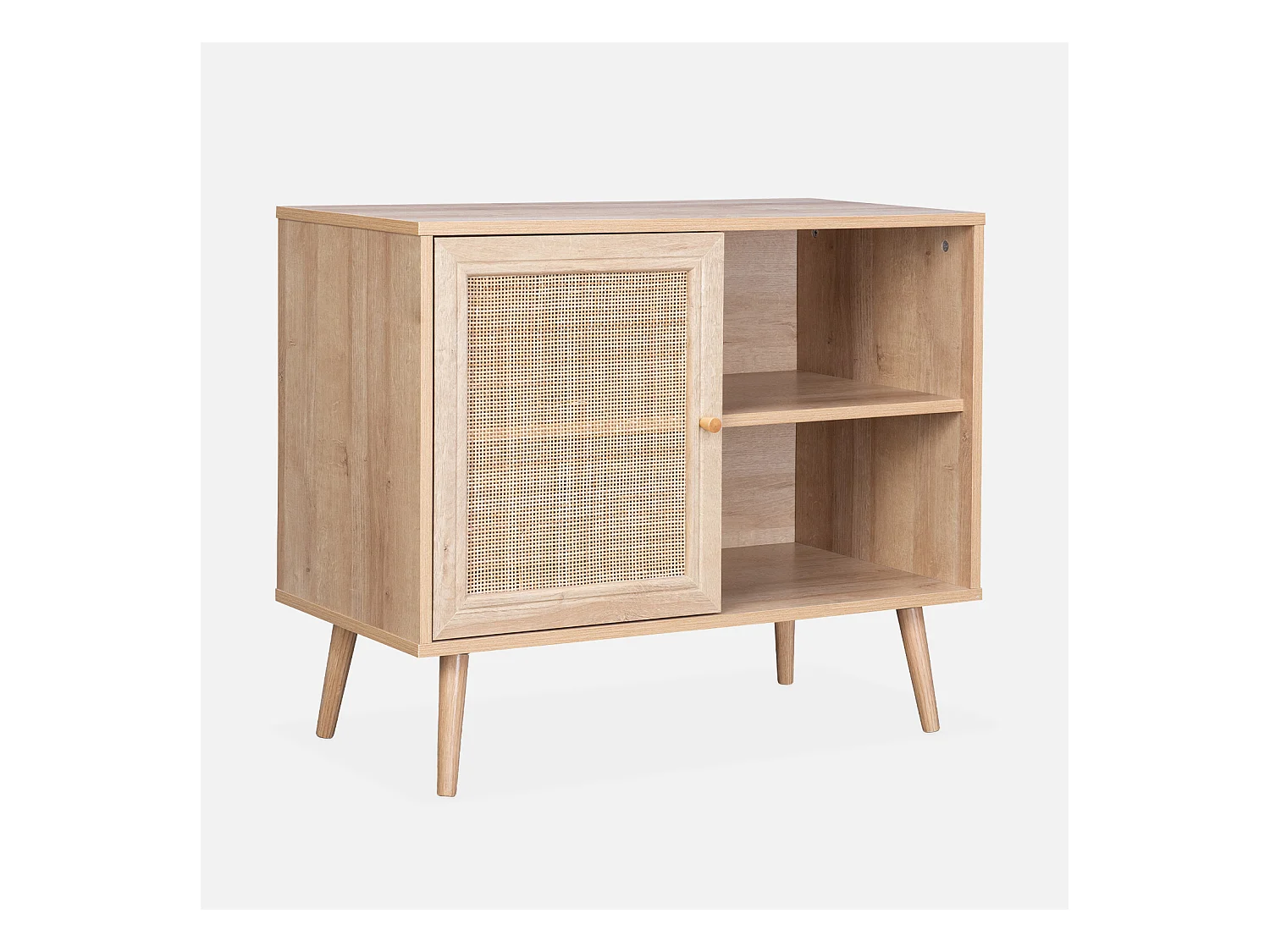 Meuble de rangement en cannage 80x39x65.8cm  Bohème - Naturel -  2 niveaux - 1 porte -  pieds scandinaves. buffet bas