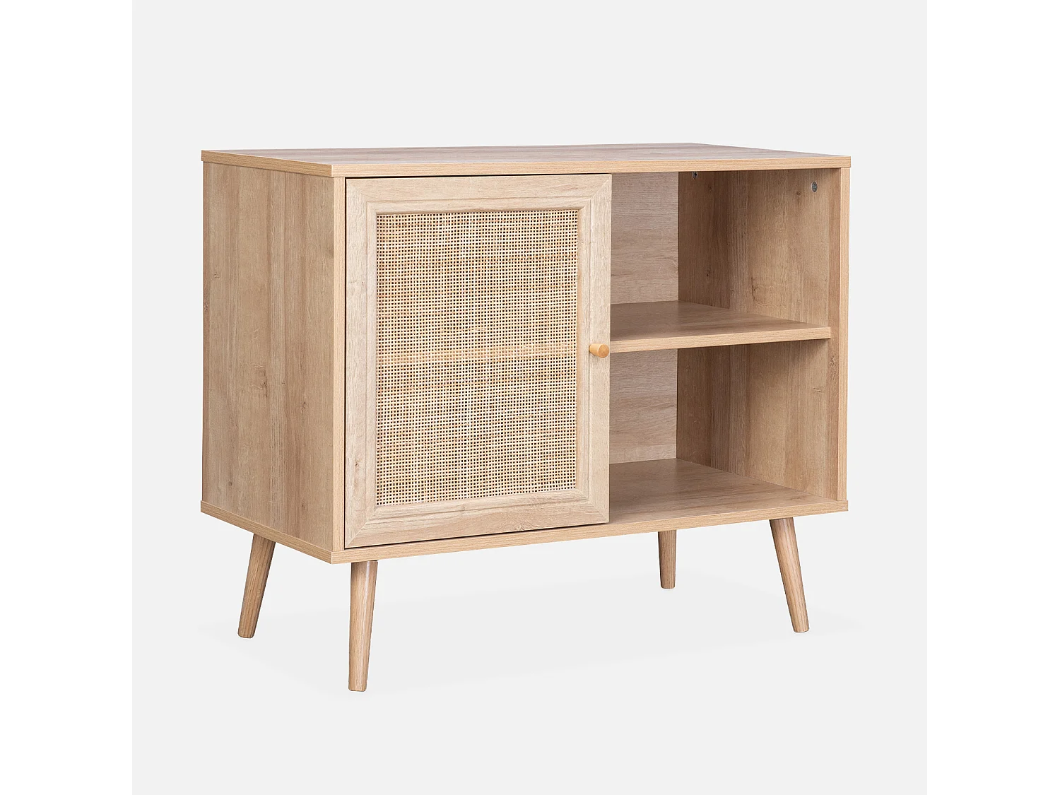 Meuble de rangement en cannage 80x39x65.8cm  Bohème - Naturel -  2 niveaux - 1 porte -  pieds scandinaves. buffet bas