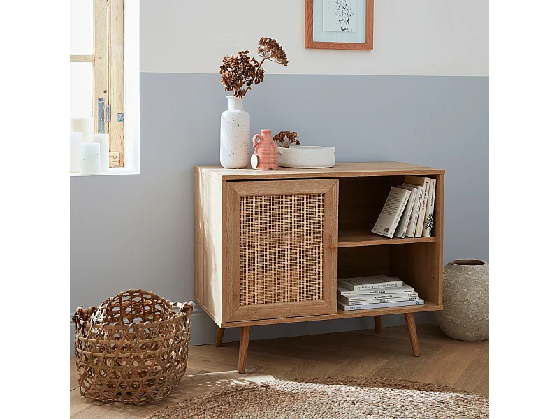 Aparador estilo escandinavo con 1 puerta de caña, 80cm natural
