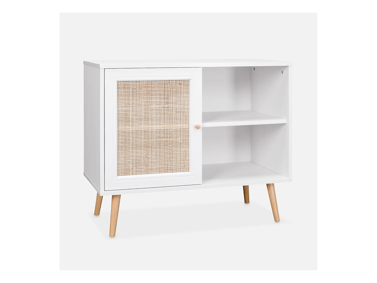 Meuble de rangement en cannage 80x39x65.8cm  Bohème - Blanc -  2 niveaux - 1 porte -  pieds scandinaves. buffet bas