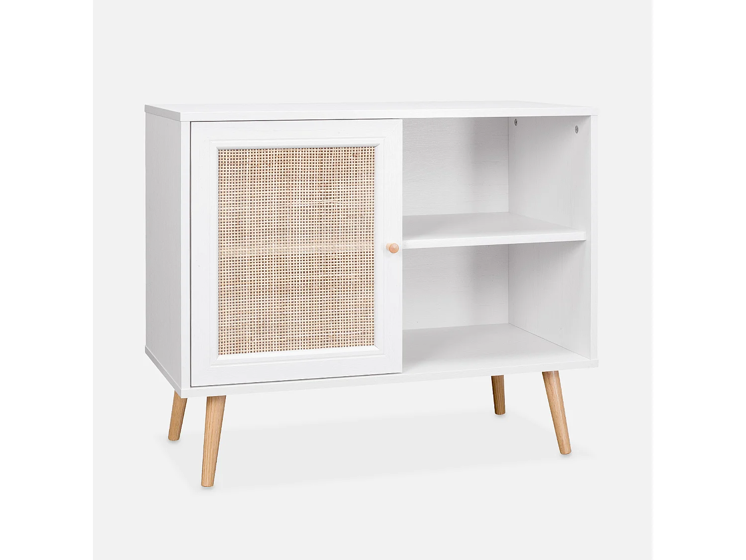 Meuble de rangement en cannage 80x39x65.8cm  Bohème - Blanc -  2 niveaux - 1 porte -  pieds scandinaves. buffet bas