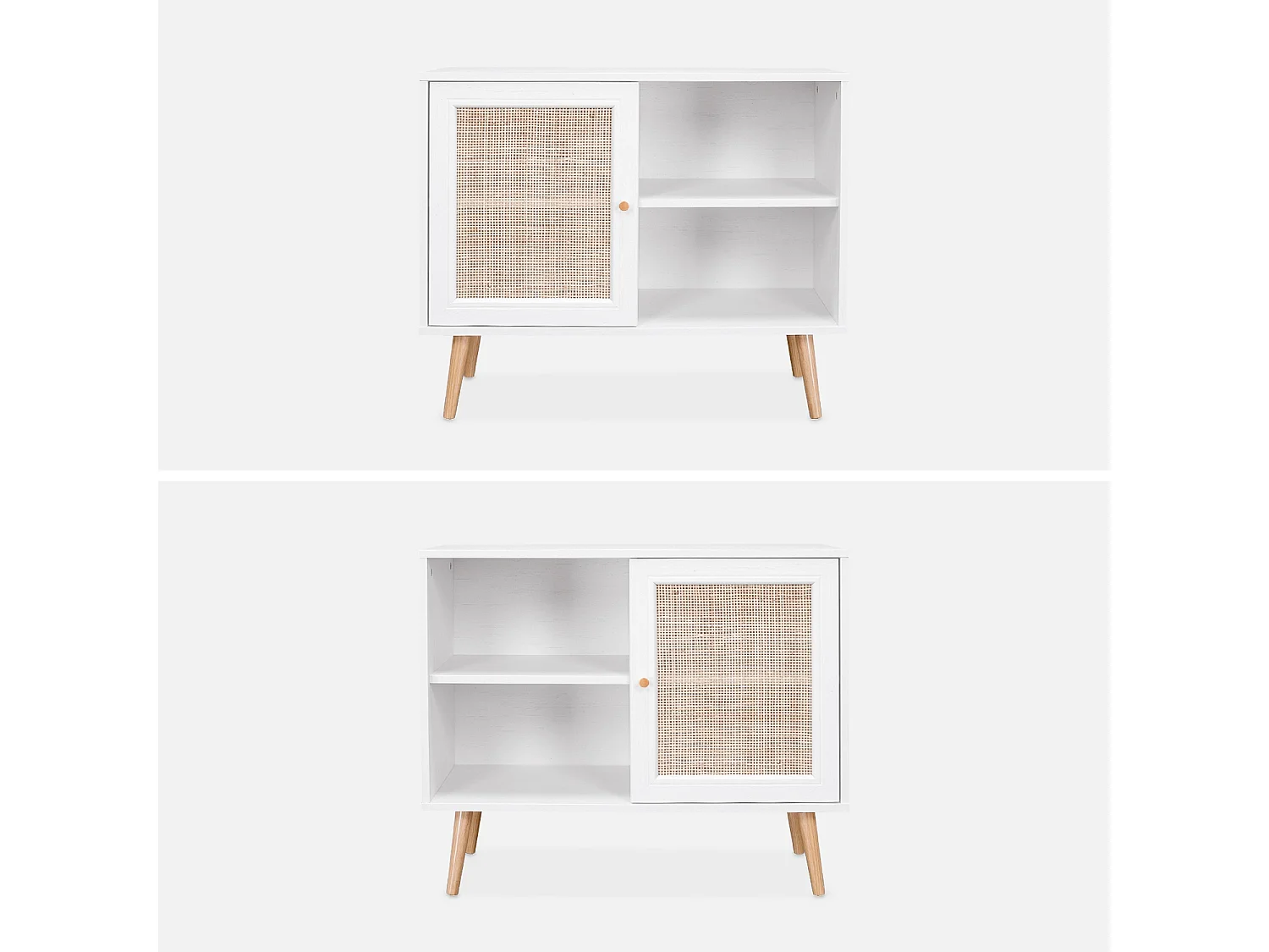Meuble de rangement en cannage 80x39x65.8cm  Bohème - Blanc -  2 niveaux - 1 porte -  pieds scandinaves. buffet bas