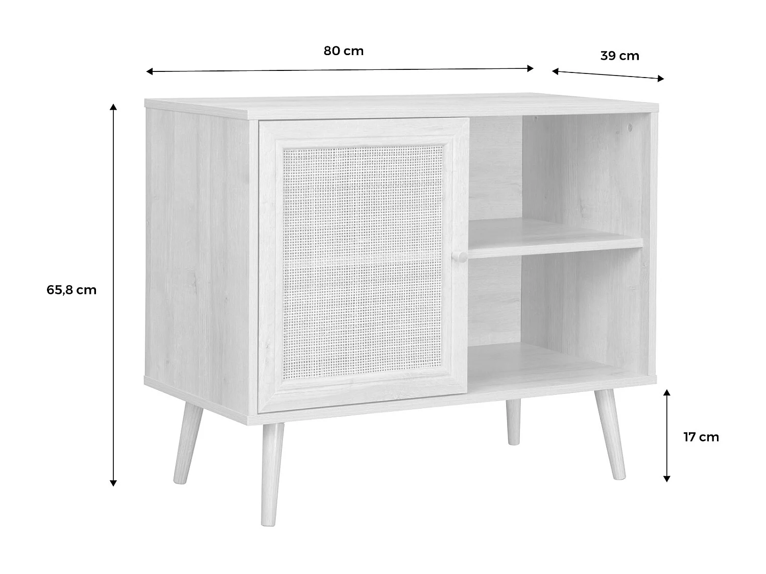 Aparador estilo escandinavo con 1 puerta de caña, 80cm blanco roto
