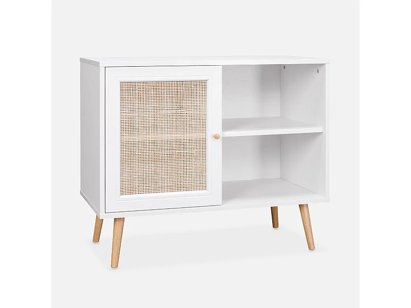Meuble de rangement en cannage 80x39x65.8cm  Bohème - Blanc -  2 niveaux - 1 porte -  pieds scandinaves. buffet bas