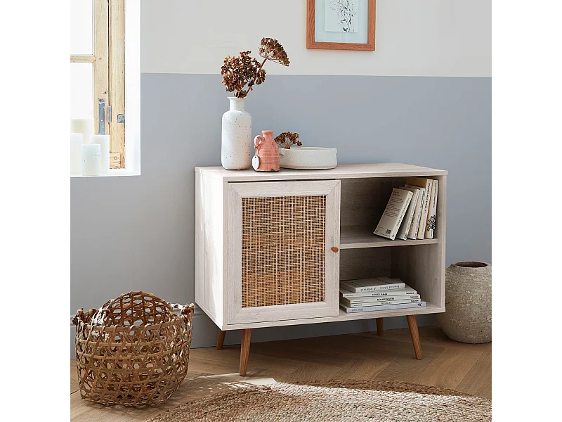 Credenza in cannage, 1 anta, 80cm, bianco sporco