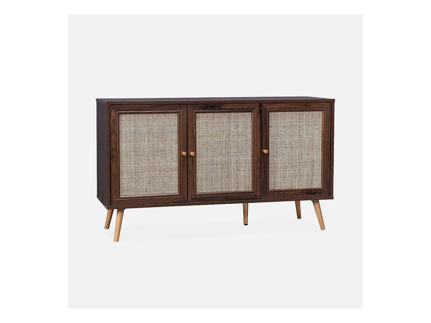 Buffet de rangement en cannage 120x39x70cm  - Bohème - 2 niveaux. 3 portes. pieds scandinaves. buffet bas