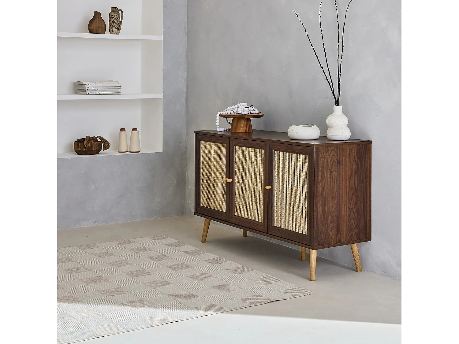 Credenza in cannage 3 ante, 120cm, marrone scuro