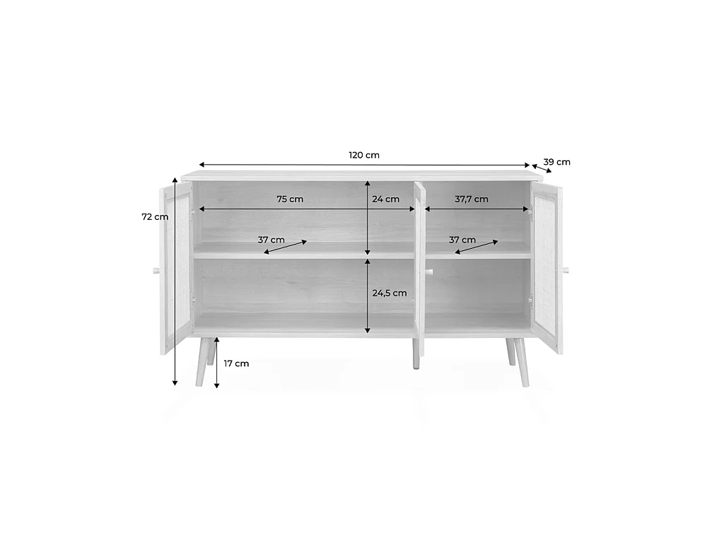 Buffet de rangement en cannage 120x39x70cm  - Bohème - 2 niveaux. 3 portes. pieds scandinaves. buffet bas