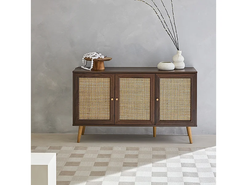 Buffet de rangement en cannage 120x39x70cm  - Bohème - 2 niveaux. 3 portes. pieds scandinaves. buffet bas