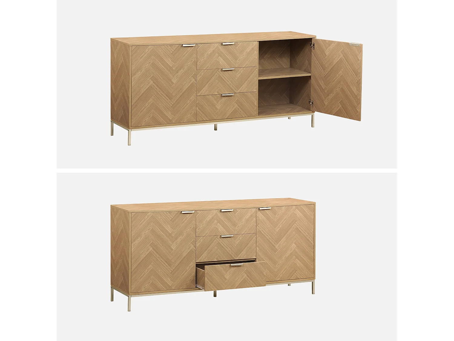 Aparador con efecto espiga de 2 puertas, 160cm natural