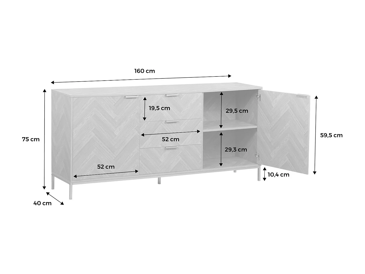 Aparador con efecto espiga de 2 puertas, 160cm natural