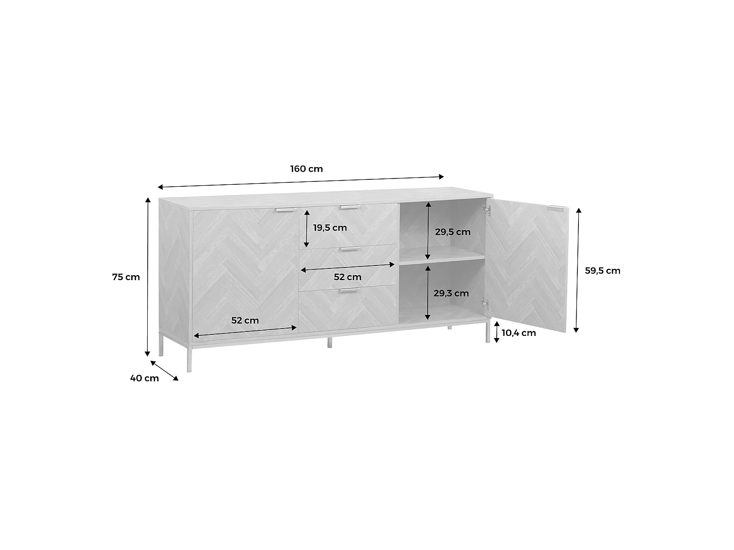 Buffet de rangement. Budapest. deux portes. deux étagères. trois tiroirs. buffet bas. L160 x l 40 x H 75cm